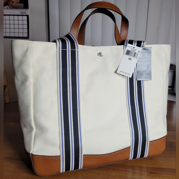 NWT Lauren Ralph Lauren LORA Large Striped Double Handled Cream Canvas Tote Bag - Picture 1 of 10